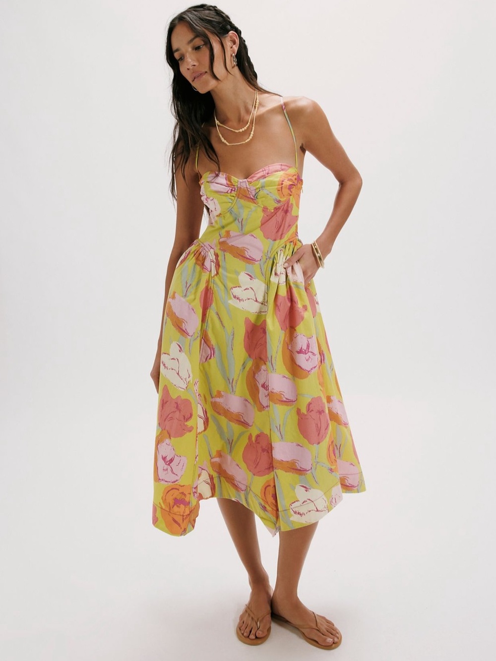Free People Floral Midi Dress in Lime & Pink